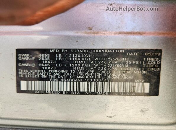 4S4BSANC7K3368443 2019 SUBARU OUTBACK Silver Widok naklejki z numerem VIN