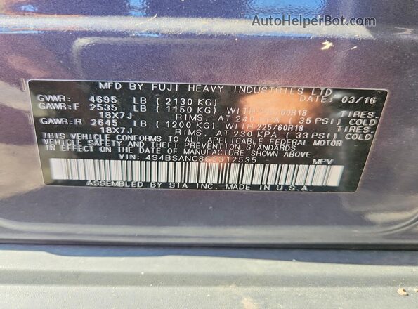 4S4BSANC8G3312535 2016 SUBARU OUTBACK Gray Widok naklejki z numerem VIN