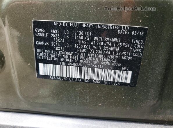 4S4BSANC8G3356115 2016 SUBARU OUTBACK Green Engine compartment view