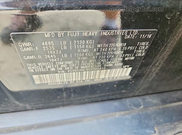 4S4BSANC8H3300810 2017 SUBARU OUTBACK Черный Вид наклейки с VIN-кодом
