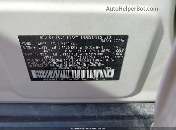 4S4BSANC8H3312746 2017 SUBARU OUTBACK White Շարժիչի բաժամունքի տեսք
