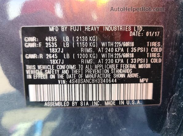 4S4BSANC8H3340644 2017 SUBARU OUTBACK Серый Вид наклейки с VIN-кодом