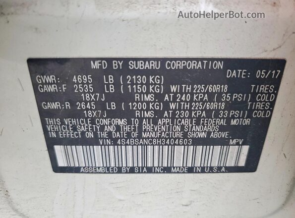 4S4BSANC8H3404603 2017 SUBARU OUTBACK Белый Вид подкапотного пространства