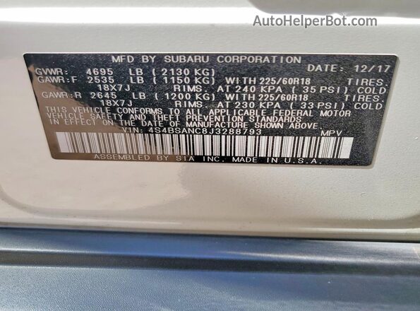 4S4BSANC8J3288793 2018 SUBARU OUTBACK White Вид підкапотного простору