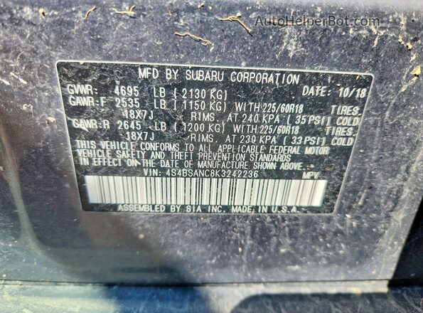 4S4BSANC8K3242236 2019 SUBARU OUTBACK Gray Vista de la etiqueta del VIN