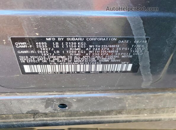 4S4BSANC8K3376650 2019 SUBARU OUTBACK Gray VIN կոդի պիտակի տեսք