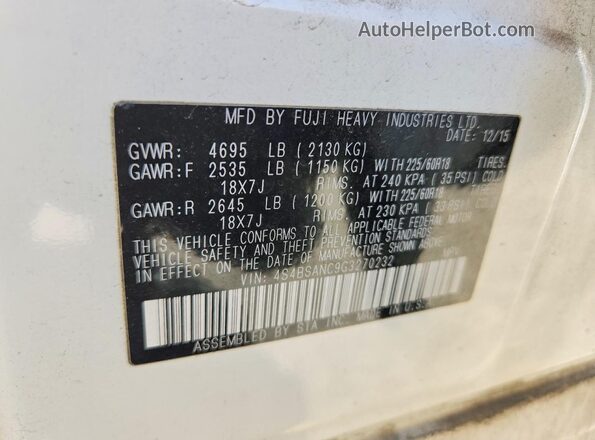 4S4BSANC9G3270232 2016 SUBARU OUTBACK White VIN կոդի պիտակի տեսք