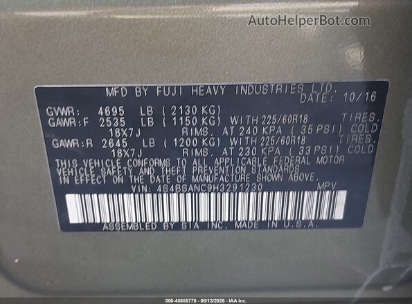 4S4BSANC9H3291230 2017 SUBARU OUTBACK Green ძრავის განყოფილების ხედი