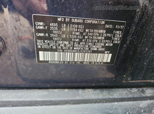 4S4BSANC9J3265393 2018 SUBARU OUTBACK Синий Вид наклейки с VIN-кодом