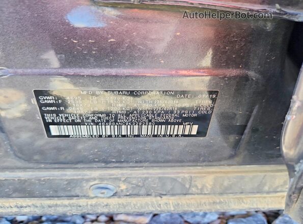 4S4BSANC9K3292580 2019 SUBARU OUTBACK Gray VIN կոդի պիտակի տեսք