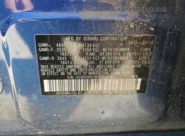 4S4BSANC9K3357766 2019 SUBARU OUTBACK Blue Vista interior de 360 grados