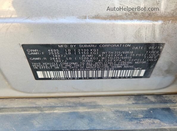 4S4BSANC9K3368993 2019 SUBARU OUTBACK Silver Widok naklejki z numerem VIN