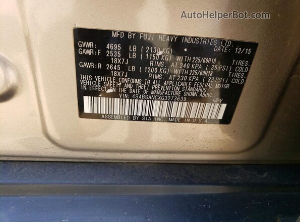 4S4BSANCXG3273639 2016 SUBARU OUTBACK Gold VIN կոդի պիտակի տեսք