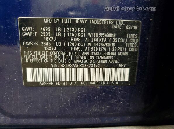4S4BSANCXG3323472 2016 SUBARU OUTBACK Blue Widok komory silnika