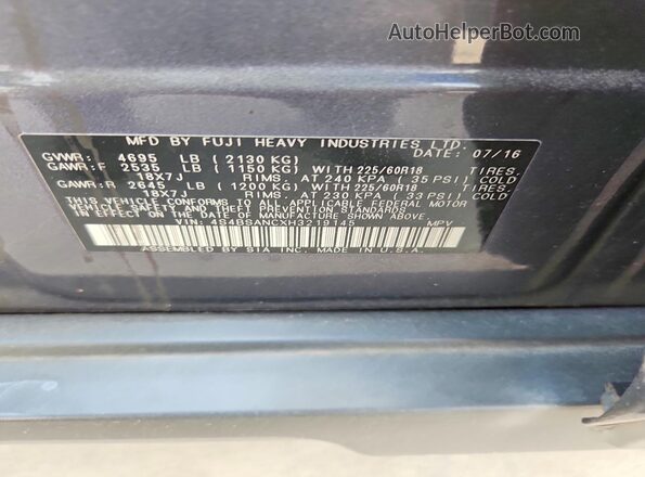 4S4BSANCXH3219145 2017 SUBARU OUTBACK Gray Widok naklejki z numerem VIN