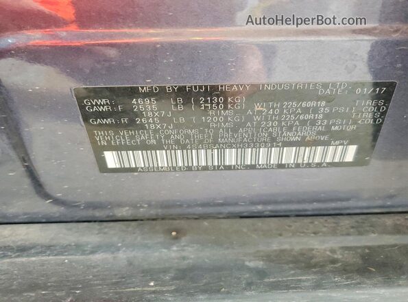 4S4BSANCXH3330911 2017 SUBARU OUTBACK Blue Vista de la etiqueta del VIN