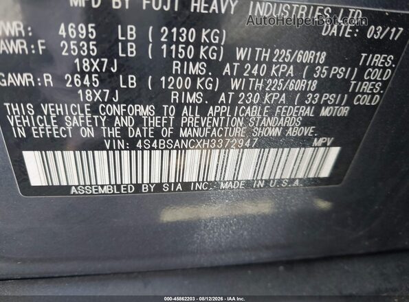 4S4BSANCXH3372947 2017 SUBARU OUTBACK Blue Вид підкапотного простору