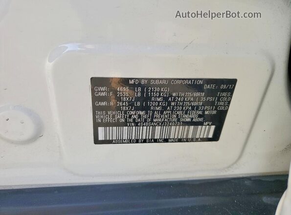 4S4BSANCXJ3240731 2018 SUBARU OUTBACK White VIN კოდის სტიკერის ხედი