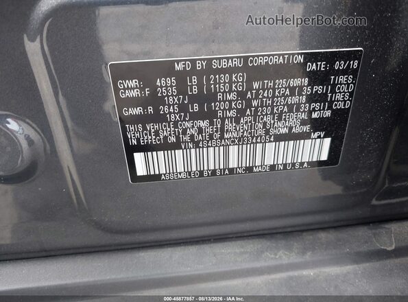 4S4BSANCXJ3344054 2018 SUBARU OUTBACK Gray Vista del compartimento del motor