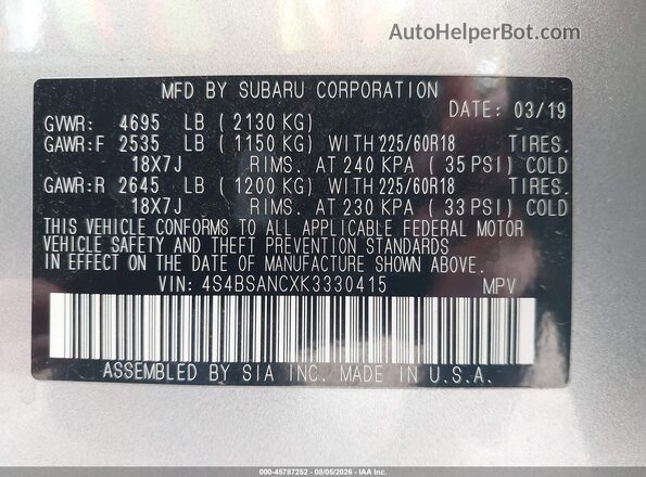 4S4BSANCXK3330415 2019 SUBARU OUTBACK Silver Widok komory silnika