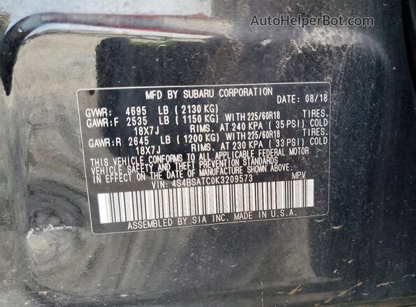 4S4BSATC0K3209573 2019 SUBARU OUTBACK Черный Вид наклейки с VIN-кодом