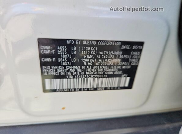 4S4BSATC2K3396573 2019 SUBARU OUTBACK White VIN կոդի պիտակի տեսք