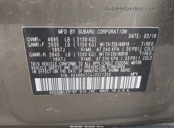 4S4BSATC4J3321355 2018 SUBARU OUTBACK Green Vista del compartimento del motor