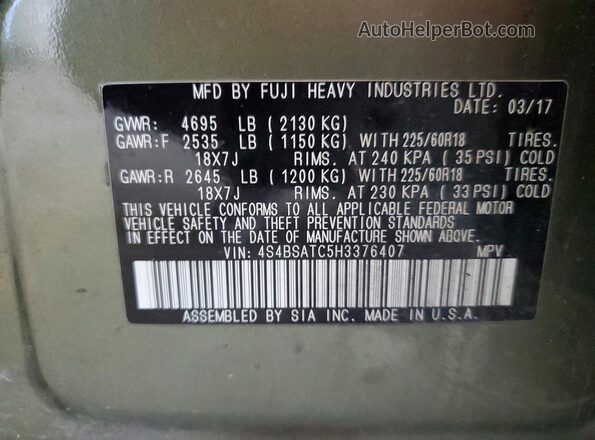 4S4BSATC5H3376407 2017 SUBARU OUTBACK Green Շարժիչի բաժամունքի տեսք