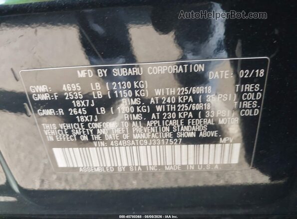 4S4BSATC9J3317527 2018 SUBARU OUTBACK Black Widok komory silnika
