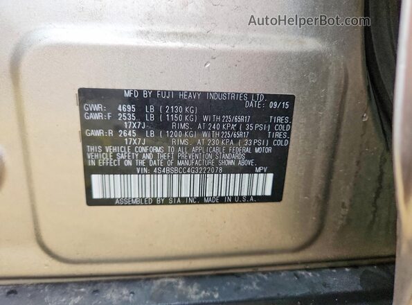 4S4BSBCC4G3222078 2016 SUBARU OUTBACK Cream Շարժիչի բաժամունքի տեսք