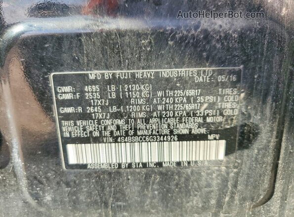 4S4BSBCC6G3344926 2016 SUBARU OUTBACK Black 