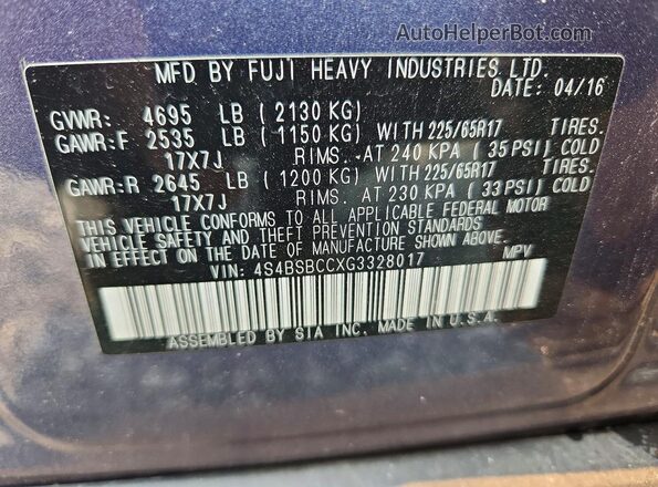 4S4BSBCCXG3328017 2016 SUBARU OUTBACK Синий Вид наклейки с VIN-кодом
