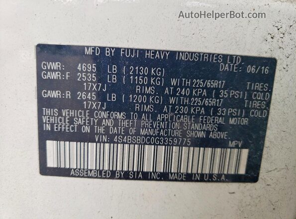 4S4BSBDC0G3359775 2016 SUBARU OUTBACK White Вид наклейки з VIN-кодом