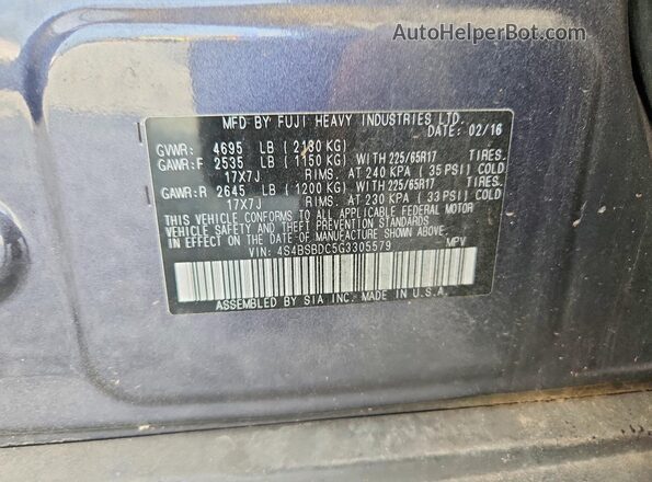4S4BSBDC5G3305579 2016 SUBARU OUTBACK Gray VIN sticker view