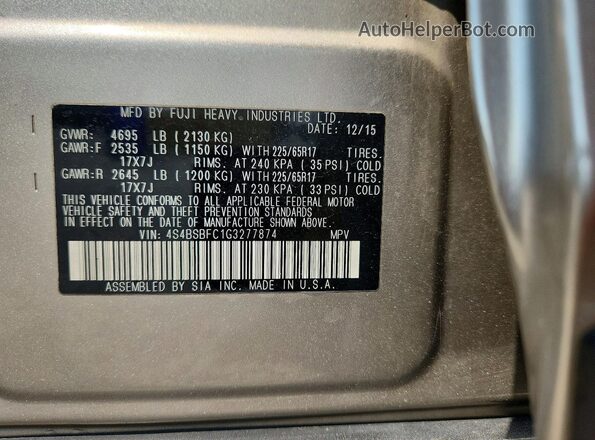 4S4BSBFC1G3277874 2016 SUBARU OUTBACK Silver VIN կոդի պիտակի տեսք