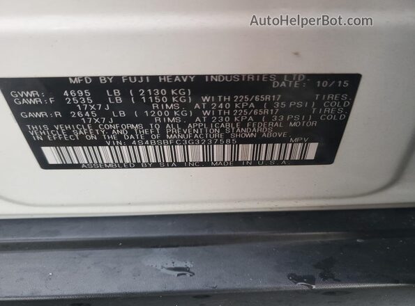 4S4BSBFC3G3237585 2016 SUBARU OUTBACK White VIN sticker view
