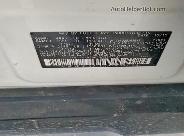 4S4BSBFC5G3237846 2016 SUBARU OUTBACK Белый Вид наклейки с VIN-кодом