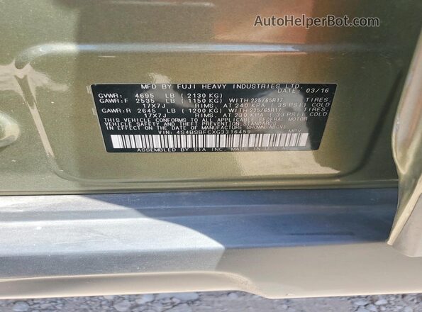 4S4BSBFCXG3316459 2016 SUBARU OUTBACK Green VIN კოდის სტიკერის ხედი