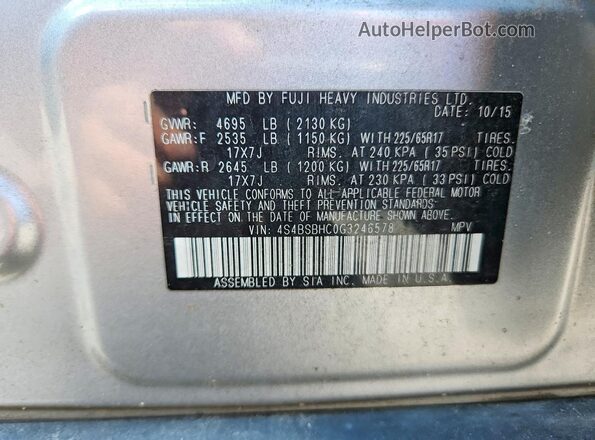 4S4BSBHC0G3246578 2016 SUBARU OUTBACK Silver 360 interior view