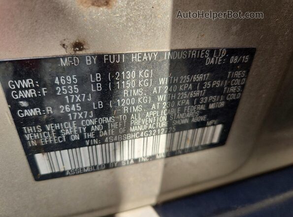 4S4BSBHC4G3212725 2016 SUBARU OUTBACK Gold Вид наклейки з VIN-кодом