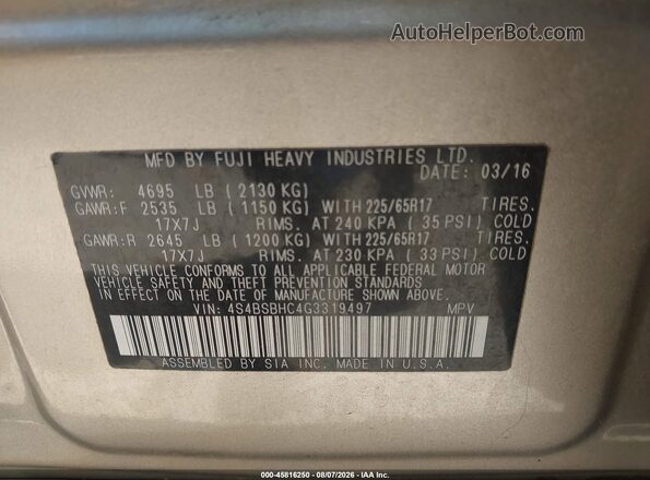 4S4BSBHC4G3319497 2016 SUBARU OUTBACK Бежевый Вид подкапотного пространства