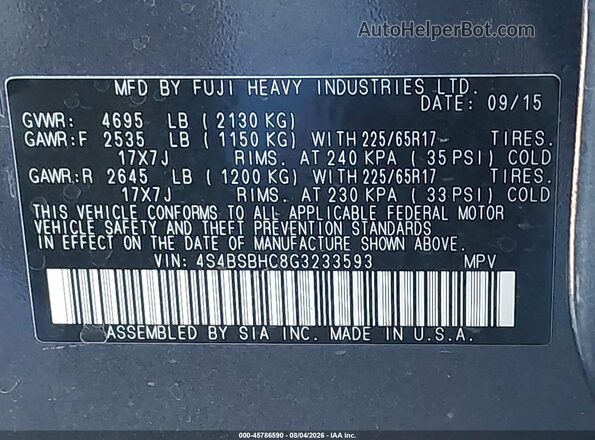 4S4BSBHC8G3233593 2016 SUBARU OUTBACK Gray 