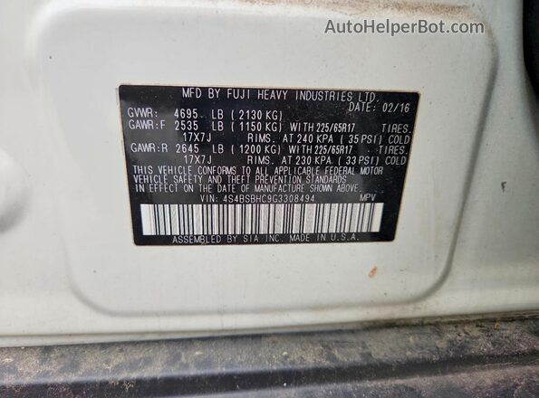 4S4BSBHC9G3308494 2016 SUBARU OUTBACK White VIN კოდის სტიკერის ხედი