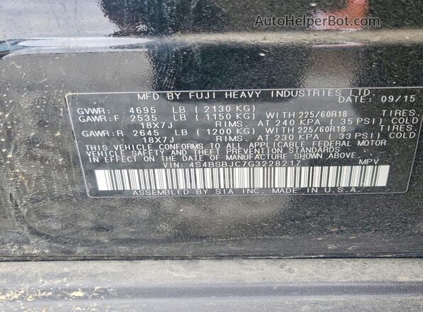 4S4BSBJC7G3228217 2016 SUBARU OUTBACK Black Vista de la etiqueta del VIN