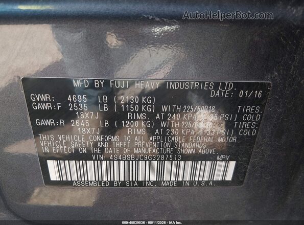 4S4BSBJC9G3287513 2016 SUBARU OUTBACK Blue Շարժիչի բաժամունքի տեսք