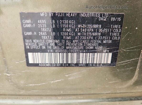 4S4BSBLC6G3224141 2016 SUBARU OUTBACK Зеленый Вид наклейки с VIN-кодом