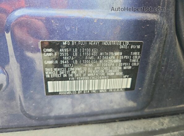 4S4BSBLC9G3289663 2016 SUBARU OUTBACK Blue VIN sticker view