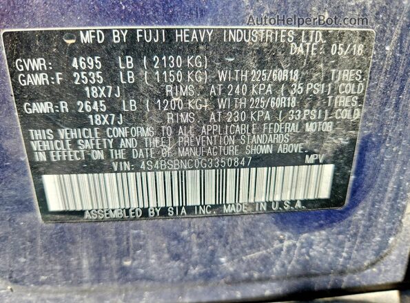 4S4BSBNC0G3350847 2016 SUBARU OUTBACK Blue Շարժիչի բաժամունքի տեսք