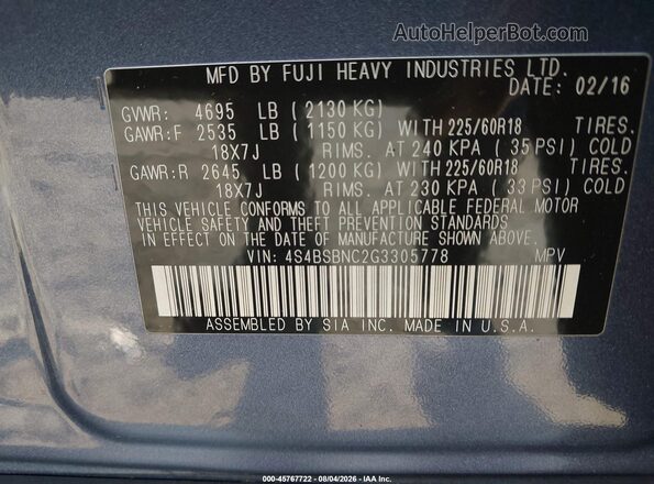 4S4BSBNC2G3305778 2016 SUBARU OUTBACK Blue Вид підкапотного простору