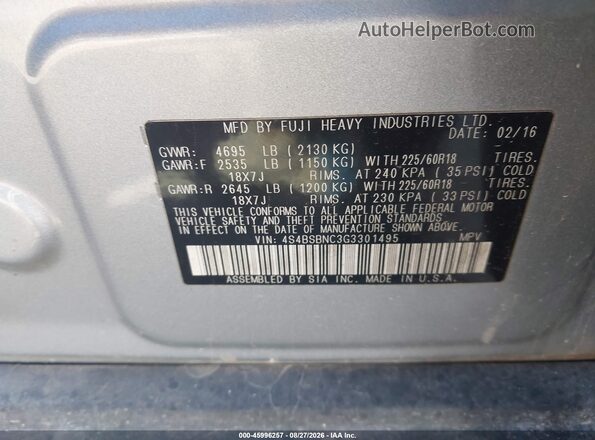 4S4BSBNC3G3301495 2016 SUBARU OUTBACK Silver Շարժիչի բաժամունքի տեսք
